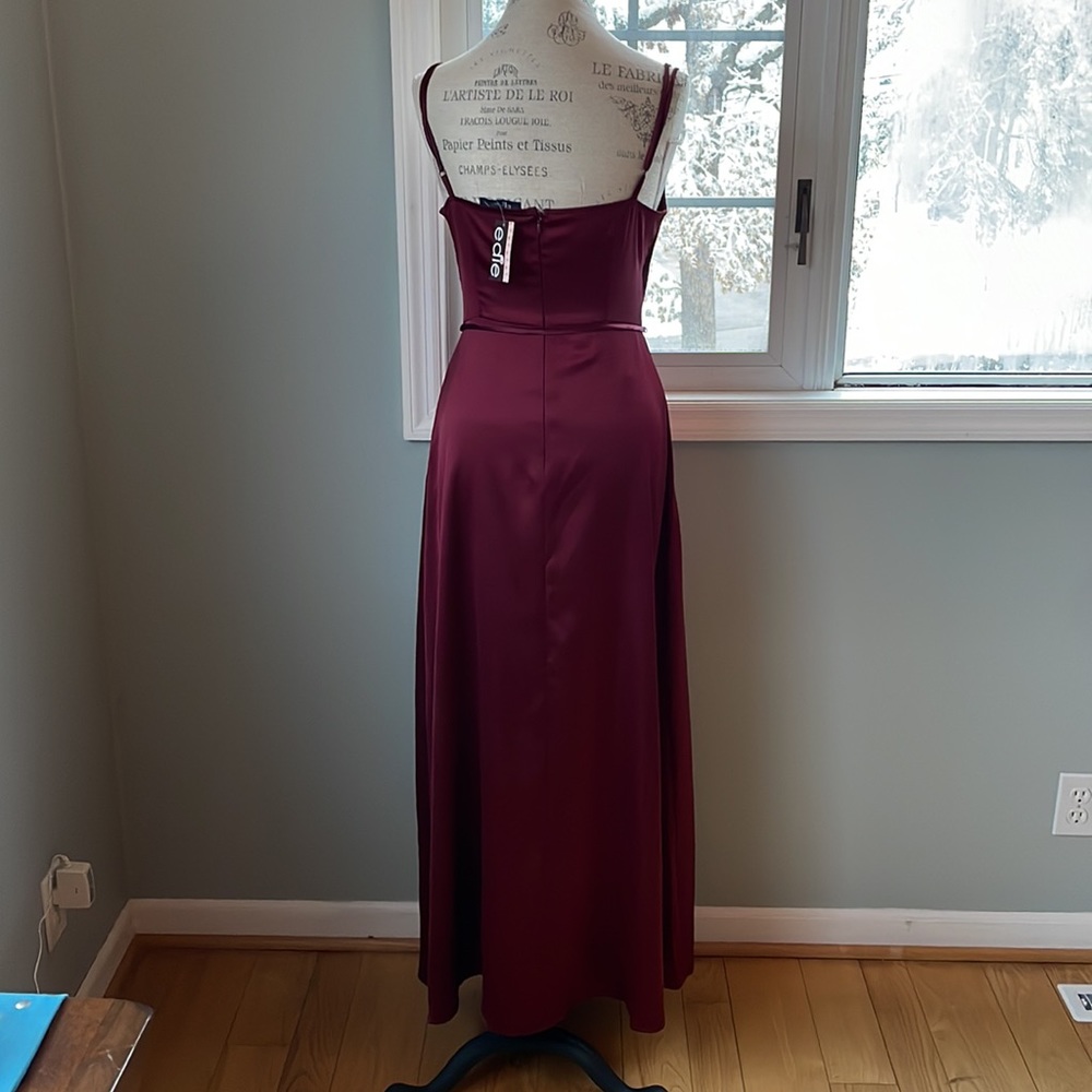 KLD wine colored satin stretch cowl neck - high slit maxi dress NWT size M - Picture 6 of 12